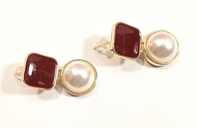 **NEW ARRIVAL** *Red Enamel Series* Large Faux Half Pearl EARRINGS with Deep Burgundy Colored Square on a Gold Tone Setting and Stud Post...