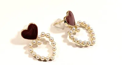 **NEW ARRIVAL** *Red Enamel Series* Hearts & Pearls EARRINGS with Tiny Faux Pearls + Deep Burgundy Colored Heart on a Gold Tone...