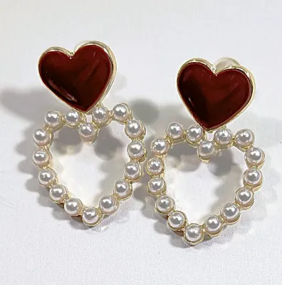 **NEW ARRIVAL** *Red Enamel Series* Hearts & Pearls EARRINGS with Tiny Faux Pearls + Deep Burgundy Colored Heart on a Gold Tone...