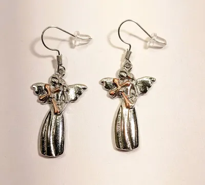 **NEW ARRIVAL** METAL Two-Tone "ANGELS" EARRINGS with Silver Tone Setting + WIRE HOOK Clasp