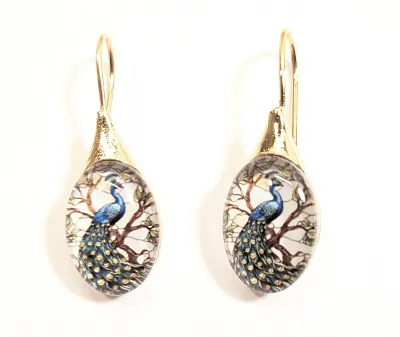 *NEW ARRIVAL** ACRYLIC Oval "BLUE PEACOCK WINDOW" EARRINGS with Gold Tone Setting + WIRE HOOK Clasp