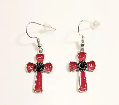**NEW ARRIVAL** RED & BLACK ENAMEL CROSS EARRINGS with Silver Tone Setting and WIRE HOOK Clasp