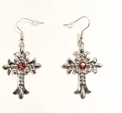 **NEW ARRIVAL** All Silver Colored CROSS EARRINGS with Small Red Center Stone Accent + Silver Tone Setting with WIRE HOOK Clasp