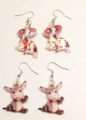 **NEW ARRIVAL** ACRYLIC "DONKEYS & COWS" EARRINGS - 2 Dimension with Silver Tone WIRE HOOK Clasp