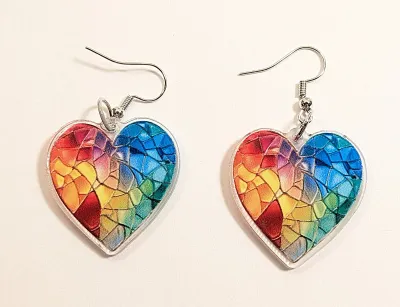 **NEW ARRIVAL** Large ACRYLIC MULTICOLOR HEARTS EARRINGS - 2 Dimension with Silver Tone WIRE HOOK Clasp