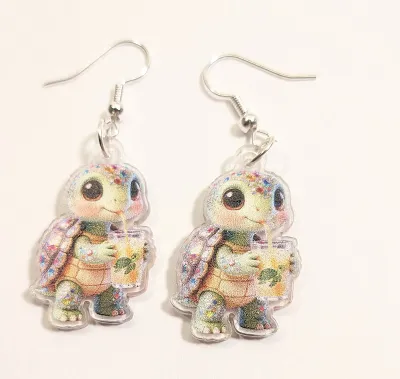 **NEW ARRIVAL** ACRYLIC NINJA TURTLES EARRINGS - 2 Dimension with Silver Tone WIRE HOOK Clasp