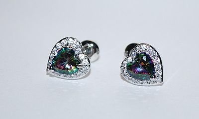 Petite Iridescent HEART Shaped EARRINGS with Jeweled Stones Surround on a Stud Post Clasp