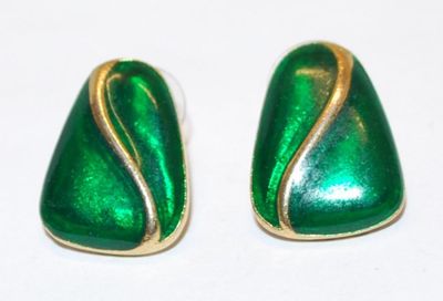 Deep GREEN Enamel EARRINGS with a Swirl Gold Tone Line Accent on a Stud Post Clasp