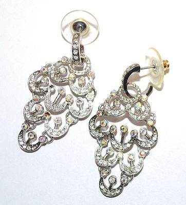 MOVEABLE 4 Segmented Iridescent Stones Dangle EARRINGS Set with Stud Post Clasp