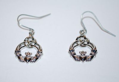 Dangle Silver Colored "HEART & CROWN" EARRINGS Set with Knotted Setting and Silver Tone Wire Hook Clasp