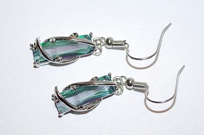 Blue / Green Iridescent Long Rectangle Acrylic EARRINGS with Wrap-Around Silver Tone Looped Wire and Wire Hook Clasp