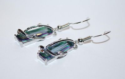 Blue / Green Iridescent Long Rectangle Acrylic EARRINGS with Wrap-Around Silver Tone Looped Wire and Wire Hook Clasp