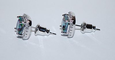 Petite Iridescent SQUARE Shaped EARRINGS with Jeweled Stones Surround on a Stud Post Clasp