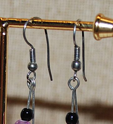 VINTAGE 1980's BLACK & PURPLE Dangle Earrings (2¼") with Curved Silver Tone "Leaves" & Wire Hook Clasp