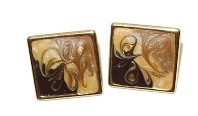 Acrylic GRAPHIC DESIGNED Square EARRINGS Set with Metal Gold Tone Setting and Stud Post Clasp