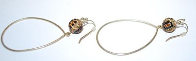 Large HOOP EARRINGS with Bejeweled Black & Amber Globes and Wire Hoop Clasp
