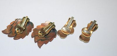 Collection of 2 Pairs EARRINGS - Copper Colored Leaves & Triple Hearts with Snap-On Clasps
