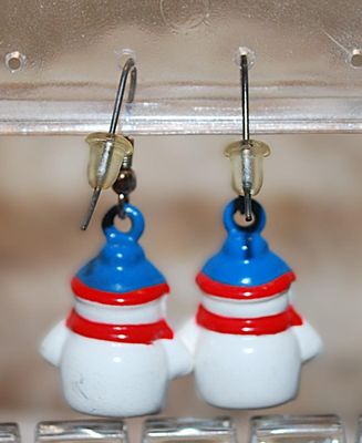 Vintage BLUE HAT SNOWMAN EARRINGS Pair (1" x ¾") with a Yellow Nose & Red Scarf on a Wire Hook Clasp