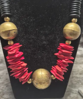 Sale Photo Thumbnail #133: 1970s Vintage Boho Necklace ~ Black coin discs / Red chips