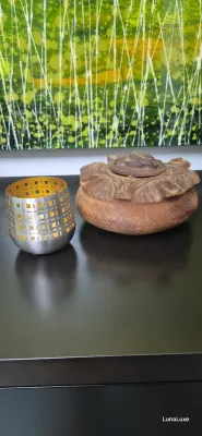 Sale Photo Thumbnail #225: Vintage hand carved wooden Grole, made from mahogany with an elaborate organic floral design. There are five carved outlets about the perimeter allowing various people to drink from the vessel. This would also make a nice potpourri holder, or for other sc