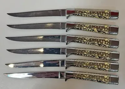 Sale Photo Thumbnail #274: Carvel Hall by Bridell ~ set 6 steak Knives `/ ivory handles w/ silver overlay & stainless blades
ivory like handles are wrapped with sterling overlay
very impressive set , includes case