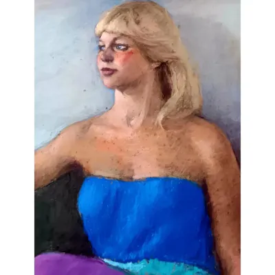 Sale Photo Thumbnail #285: Marcia B. Bouton " Blue Chairished ~ original pastel '72 [1919-2014]> Size: horizontal 26 x 20> pastels on Strathmore bond stock excellent condition, no major pastel loss, this is one of over 50 pastels from her original estate.> A student of Dartmouth Co