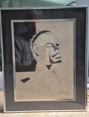 Sale Photo Thumbnail #311: Original line art composition by W. Crosby 1988
This art was one of 3 produced by artist ......untitled
This is also his original for art class ......received an A+
Framed in silver aluminum "minimalist frame" matted and under glass
size: 12"w / 17"h
No d