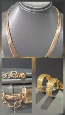 Sale Photo Thumbnail #152: Herringbone Choker gold tone & Earrings coord.
herringbone is .50w and 7.5" long with secure clasp and 3" extention
Earrings are clip ONS .....unbranded