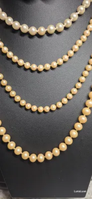 Sale Photo Thumbnail #105: PEARLS OMGosh ~ 4 Freshwater Pearl Necklaces & 2 pair Earrings  [6 PC.]
> All are tested freshwater with unique closures
> sizes : 8" / 14" / 2 @ 16"
> Unusual Clasps:  2 are marked Sterling / 2 have Cabochon settings with snap in closure
> Earrings are F