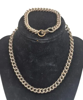 Sale Photo Thumbnail #78: Vintage set of Cuban Link Choker & Bracelet ~ antique gold tone 
> these are cuban link set......unbranded but clasps are not readily used in newer products
Items unearthed in a large storage find
Necklace is one continuous chain.....no clasp [Heavy chain