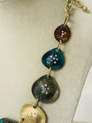 Sale Photo Thumbnail #234: Multicolor disc statement necklace with matching earrings
necklace is 16" with lobster clasp
Earring match to complete set