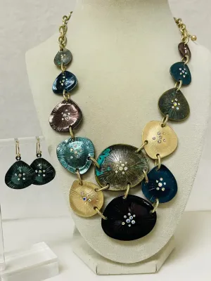 Sale Photo Thumbnail #232: Multicolor disc statement necklace with matching earrings
necklace is 16" with lobster clasp
Earring match to complete set