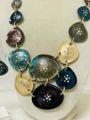 Sale Photo Thumbnail #233: Multicolor disc statement necklace with matching earrings
necklace is 16" with lobster clasp
Earring match to complete set