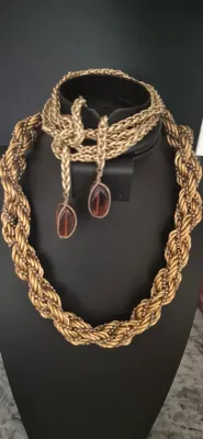 Sale Photo Thumbnail #274: Fashionable Gold tone Necklaces ~ 4 Beauties !
Incl: Bolo w/ agate
multi strand choker
3 braided choker
ornate multi braid with bejewls