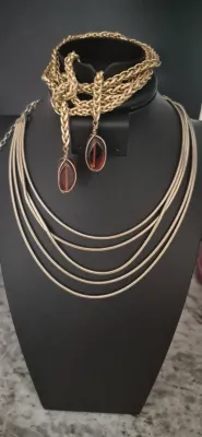 Sale Photo Thumbnail #270: Fashionable Gold tone Necklaces ~ 4 Beauties !
Incl: Bolo w/ agate
multi strand choker
3 braided choker
ornate multi braid with bejewls