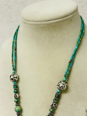 Sale Photo Thumbnail #441: Showcase Southwestern style with this Barse sterling silver necklace featuring genuine turquoise beads, ornate sterling accents, and a bold turquoise pendant that makes a striking statement with both casual and dressy looks.

Stamped Barse 925
16” plus 