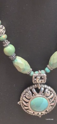 Sale Photo Thumbnail #435: Showcase Southwestern style with this Barse sterling silver necklace featuring genuine turquoise beads, ornate sterling accents, and a bold turquoise pendant that makes a striking statement with both casual and dressy looks.

Stamped Barse 925
16” plus 