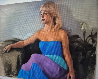 Sale Photo Thumbnail #457: Marcia B. Bouton " Blue Chairished ~ original pastel '72 [1919-2014]> Size: horizontal 26 x 20> pastels on Strathmore bond stock excellent condition, no major pastel loss, this is one of over 50 pastels from her original estate.> A student of Dartmouth Co
