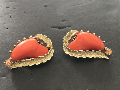 Faux Coral Rhinestone signed Coro Earrings