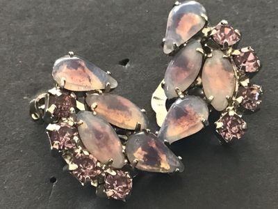 Opal Color Glass / Stone Vintage Clip on Earrings