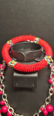 Sale Photo Thumbnail #98: Red beaded Necklace silver tone w/ beaded bracelet