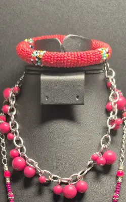 Sale Photo Thumbnail #96: Red beaded Necklace silver tone w/ beaded bracelet