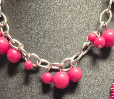 Sale Photo Thumbnail #97: Red beaded Necklace silver tone w/ beaded bracelet
