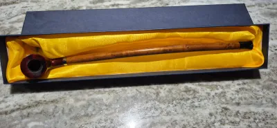 Sale Photo Thumbnail #203: 15" Cherry hand-carved Churchwarden tobacco Pipe ~ incl. gift box
> made by FESS .....model P-0317
> very minor scuff on bowl.....has been oiled and toned.....not visable
> tip is NOT chewed....can be replaced, bowl top has some indication of use but low.