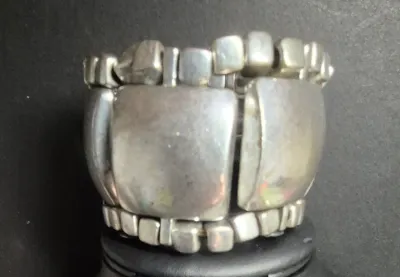 Sale Photo Thumbnail #216: MCM 2" silver tone large squares and beads ~ stretch bracelet
> Size: 3"d / 2"h .........71gr
> matt shien, no major scratches, vintage scuffs
