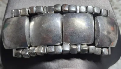 Sale Photo Thumbnail #214: MCM 2" silver tone large squares and beads ~ stretch bracelet
> Size: 3"d / 2"h .........71gr
> matt shien, no major scratches, vintage scuffs