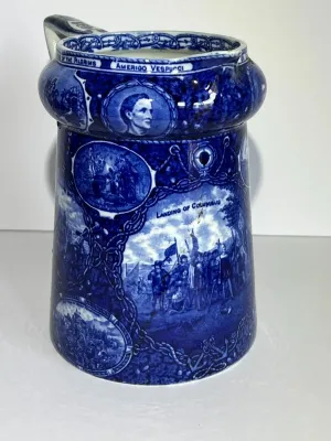 Sale Photo Thumbnail #107: ROWLAND MARSELLUS HISTORICAL POTTERY PITCHER IN BLUE & WHITE WITH VIGNETTES OF VARIOUS HISTORICAL SCENES INCL WILLIAM PENNS TREATY, THE LANDING OF COLUMBUS, ETC. 7-1/2" TALL. $15 DOMESTIC SHIPPING.
