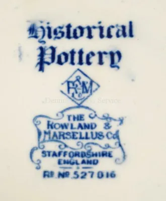 Sale Photo Thumbnail #110: ROWLAND MARSELLUS HISTORICAL POTTERY PITCHER IN BLUE & WHITE WITH VIGNETTES OF VARIOUS HISTORICAL SCENES INCL WILLIAM PENNS TREATY, THE LANDING OF COLUMBUS, ETC. 7-1/2" TALL. $15 DOMESTIC SHIPPING.