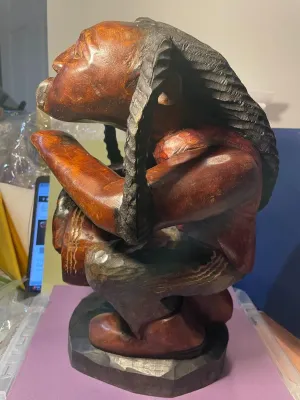 Sale Photo Thumbnail #120: Vintage Jamaican Rastafarian Figure 15" Tall Hand Carved Wooden Man Art Statue Playing a Bongo Drum in VG Preowned Condition. $20 Domestic Shipping.