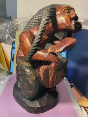 Sale Photo Thumbnail #119: Vintage Jamaican Rastafarian Figure 15" Tall Hand Carved Wooden Man Art Statue Playing a Bongo Drum in VG Preowned Condition. $20 Domestic Shipping.